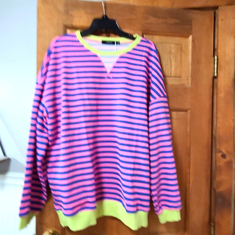 Striped Pink and Blue Sweater with Green Accents